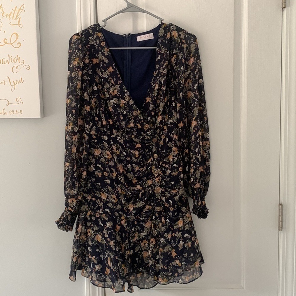 Tesoro ruched navy orange dress‎ buttons mini long sleeves size S party summer